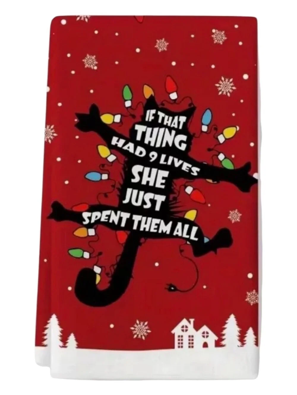 Red Funny Cat Christmas Lights Kitchen Dish Towel Holiday Home Decor Accessories